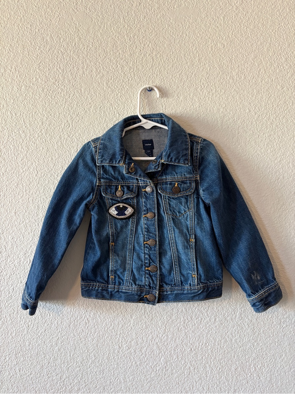 One-of-a-Kind Upcycled GAP Kids Denim Jacket w/ Patches, Beading & Embroidery